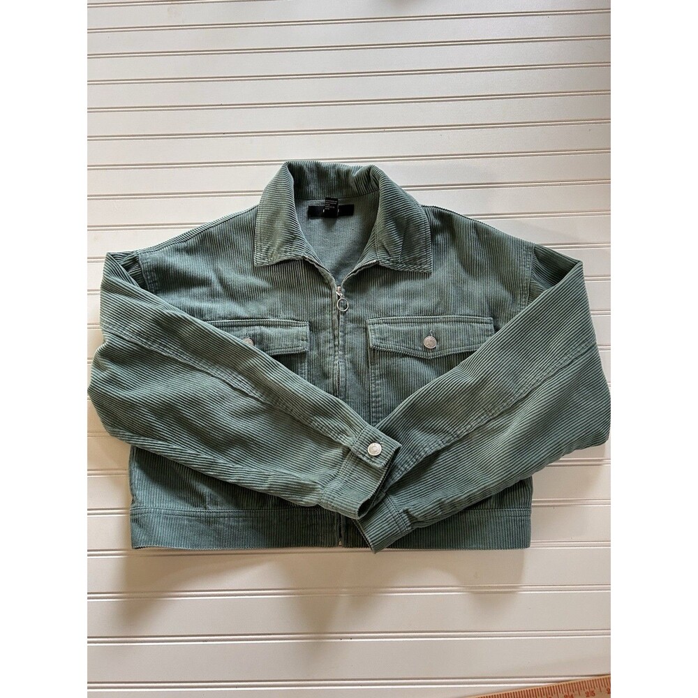 Forever 21 Teal Green Corduroy Jacket Womens Medium Cropped Zip Up Utility Boho - Picture 7 of 11